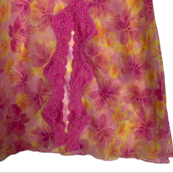 Silk & Satin Y2K Hawaiian Floral  Sheer Slip Dress Size Large Pink Orange Sexy - Picture 7 of 8